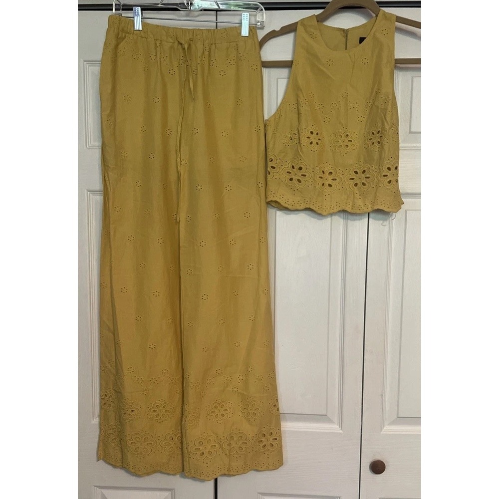 Fore Collection Yellow Eyelet 2 Piece Set Crop Top Wide Leg Pants Small Boho